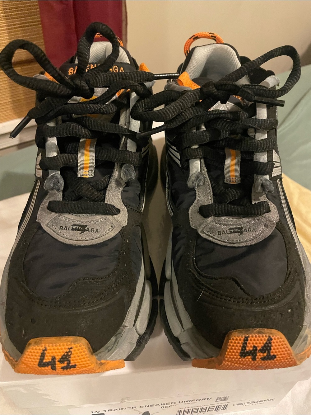 Balenciaga Black & Gray Chunky Lace-Up Sneakers with Orange Accents